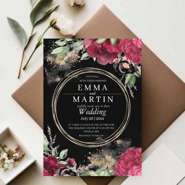 Modern Black Burgundy Roses Flower Wedding  Invitation (Creator Uploaded)