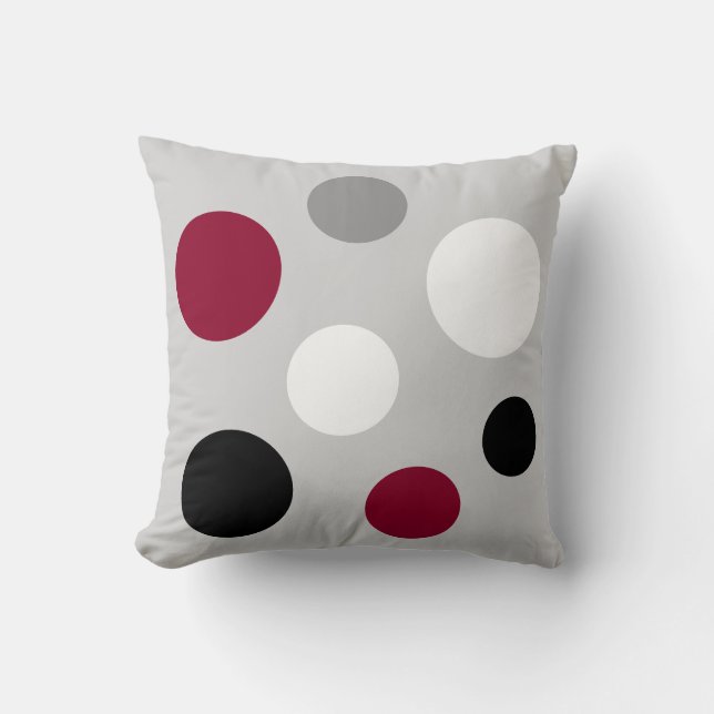 Modern Black Burgundy White Circles on Light Grey Cushion (Front)