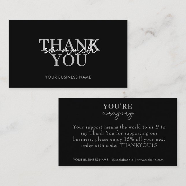 Modern Black Business Elegant Thank You Business Card (Front/Back)