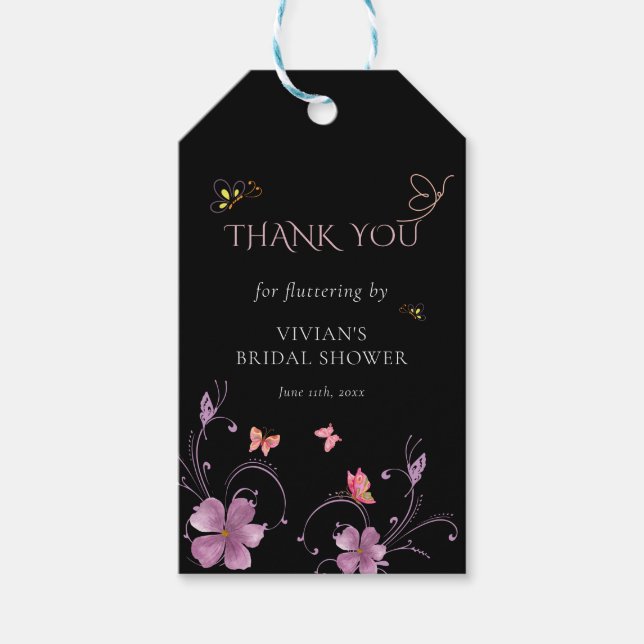 Modern Black Butterflies Bridal Shower Gift Tag (Front)