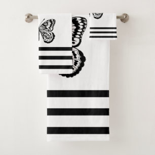 Modern Black Butterflies & Stripes Bath Towel Set
