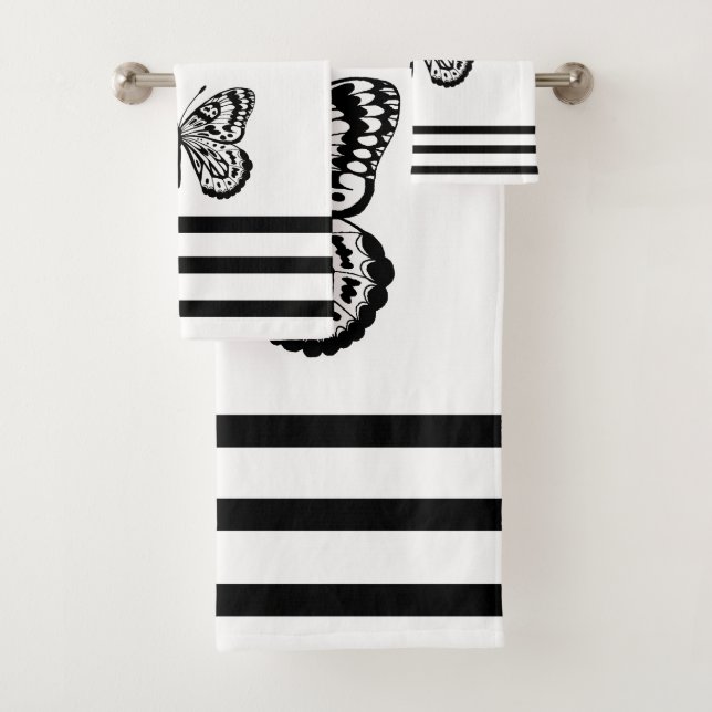 Modern Black Butterflies & Stripes Bath Towel Set (Insitu)