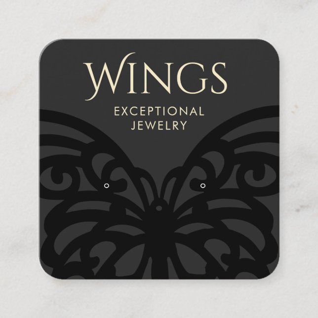 Modern Black Butterfly Stud Earring Display  Square Business Card (Front)