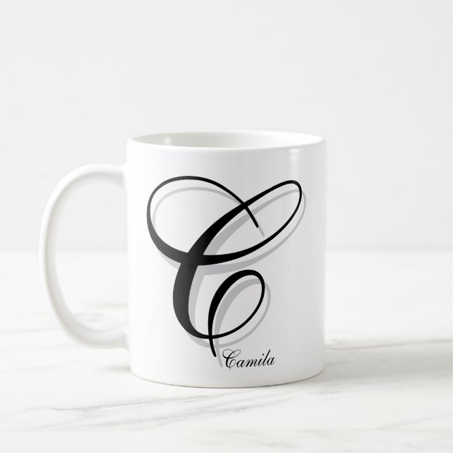 Modern Black C Monogram | Custom Name Coffee Mug (Left)