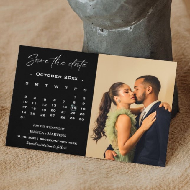 Modern black calendar photo save the date invitation (Creator Uploaded)