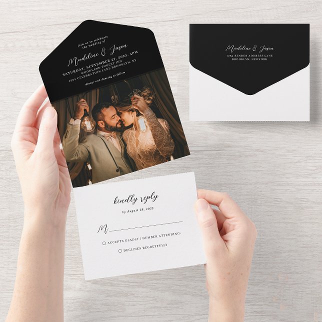 Modern Black Calligraphy Photo Wedding Rsvp All In One Invitation (Creator Uploaded)