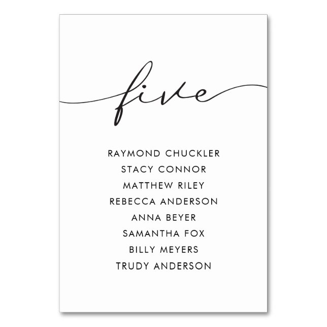 Modern Black Calligraphy Wedding Table Five Number (Front)