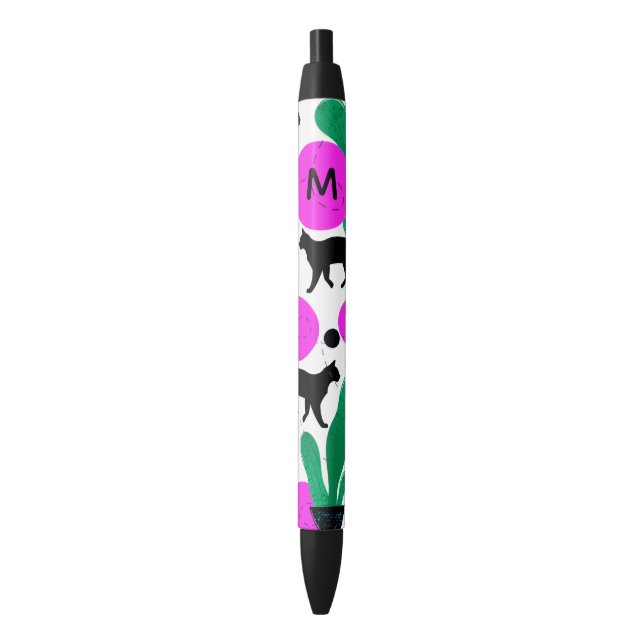 Modern Black Cat and Cactus Pattern Monogram Black Ink Pen (Front Vertical)