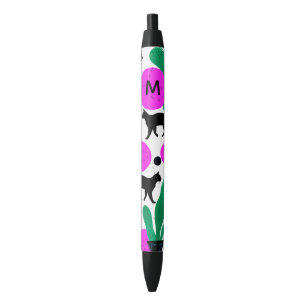 Modern Black Cat and Cactus Pattern Monogram Ink Pen