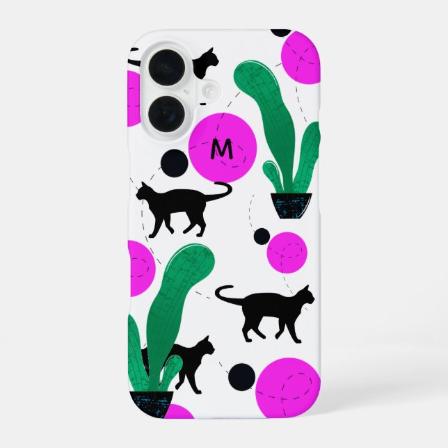 Modern Black Cat and Cactus Pattern Monogram iPhone 16 Case (Back)