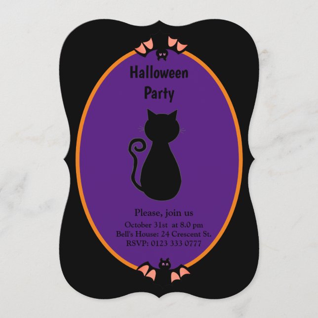 Modern Black Cat & Bats Halloween Invitation (Front)