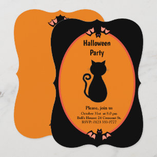 Modern Black Cat & Bats Halloween Invitation
