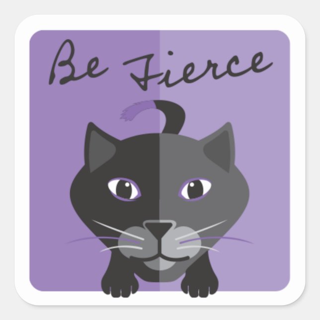 Modern Black Cat Illustration Be Fierce Purple Square Sticker (Front)