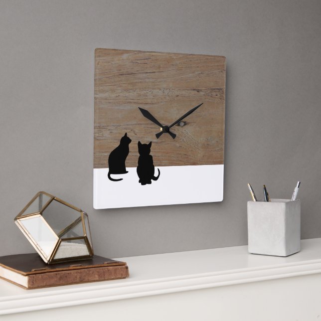 Modern black cat silhouettes, pets on wood square wall clock (Office)