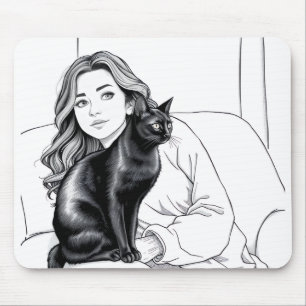 Modern Black Cat & Woman Line Art Illustration Mou Mouse Pad