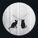 Modern black cats silhouettes on driftwood shiplap large clock<br><div class="desc">Modern black cats silhouettes on driftwood shiplap background wall clock.</div>