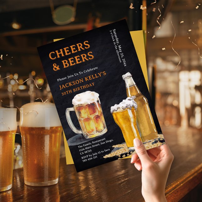 Modern Black Chalkboard Cheers & Beers Birthday Invitation (Chic Navy Blue Beer Label Brewery Theme Birthday Invitation)