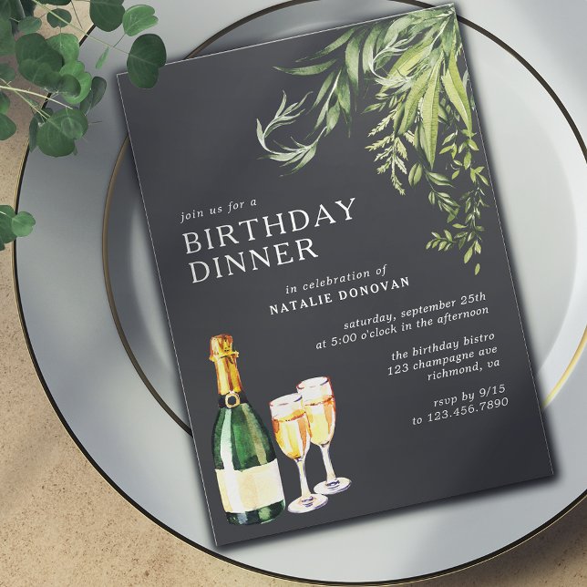 Modern Black | Champagne Greenery Birthday Dinner Invitation (Creator Uploaded)