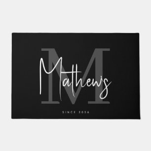 Modern Black Charcoal Grey Monogram Family Name Doormat