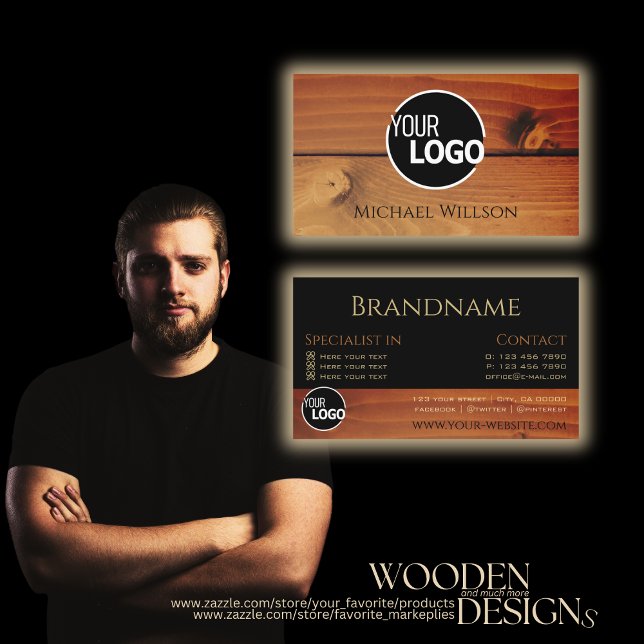 Modern Black Cherry Wood Grain Wooden Boards Logo Business Card (Creator Uploaded)