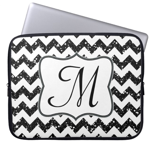 Modern Black Chevron Monogram 15" Laptop Case (Front)