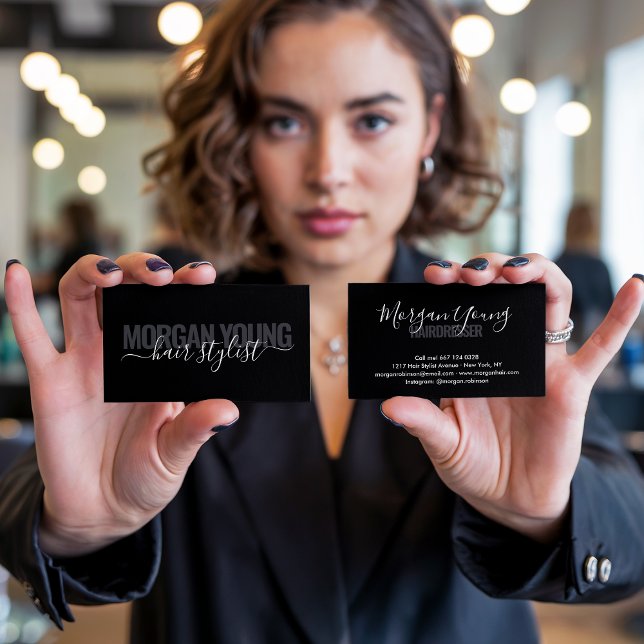 Modern black chic hair stylist script signature business card (Modern black chic hair stylist script signature)