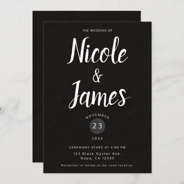 Modern Black Chic Minimal Wedding Invitation (Front/Back)