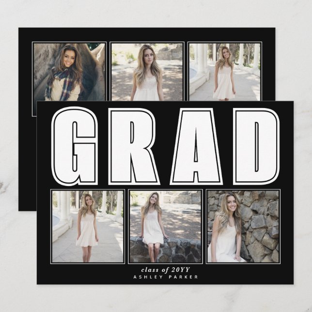 Modern black Class of 2024 GRAD graduation Announcement (Front/Back)
