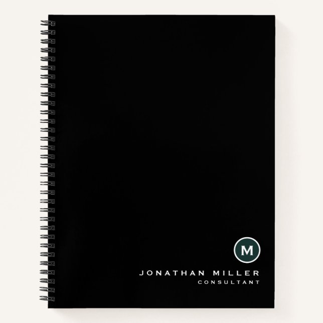 Modern Black Classic Dark Green Monogram Notebook (Front)