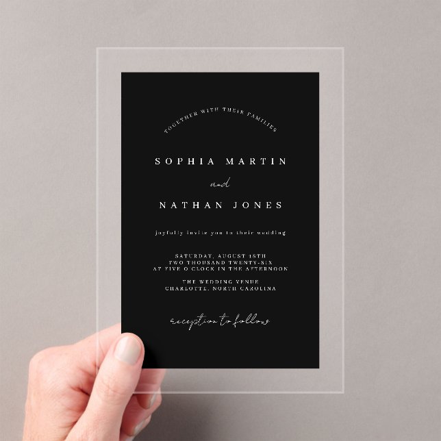 Modern Black Clear Minimalist Wedding Acrylic Invitations (Insitu (Handheld))