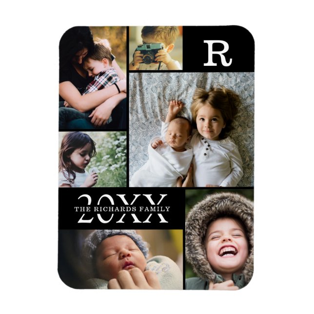 Modern Black Colour Block Family 6 Photo Collage Magnet (Vertical)