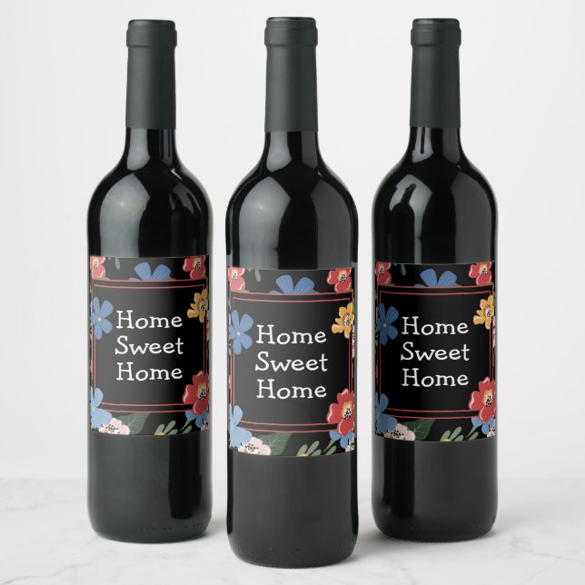 Modern Black Colourful Floral Home Sweet Home Wine Label (Bottles)