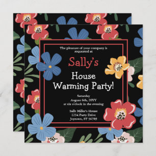 Modern Black Colourful Floral House Warming Party Invitation
