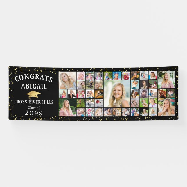 Modern Black CONGRATS GRAD 45 Photo Collage Banner (Horizontal)