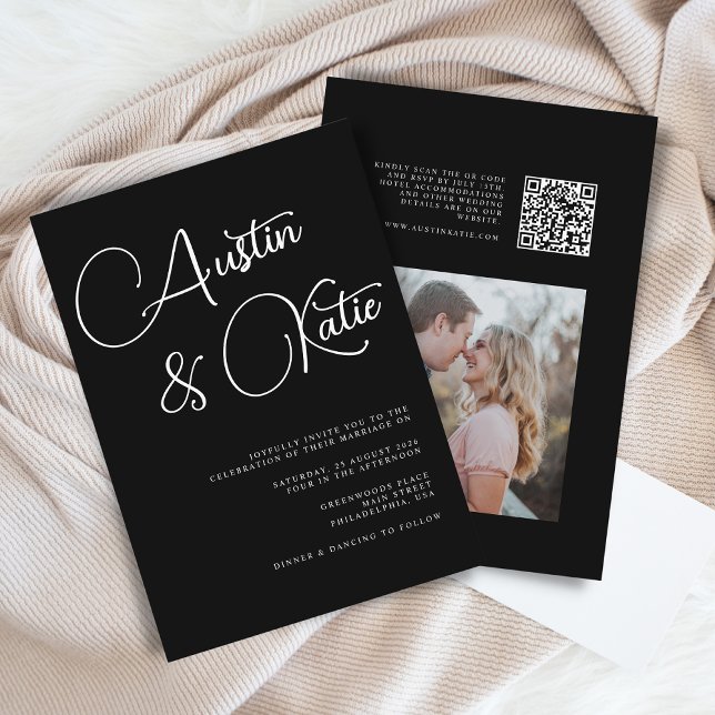 Modern Black Contemporary Script Photo Wedding QR  Invitation (Creator Uploaded)
