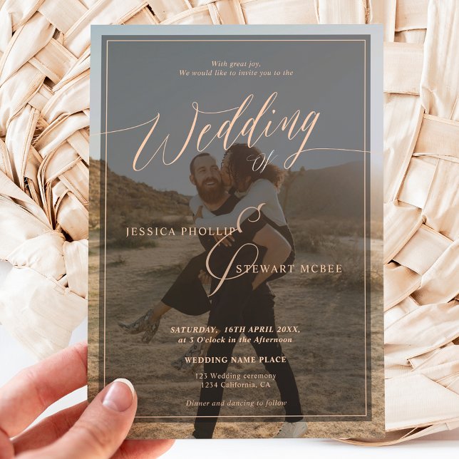 Modern black coral wedding script 2 photos invitation (Creator Uploaded)