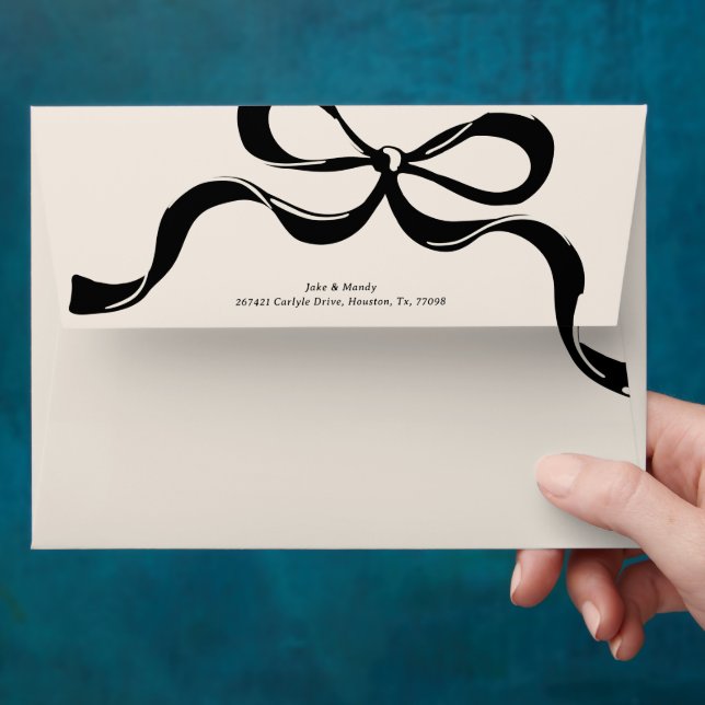 Modern Black Cream Big Bow Return Address Wedding Envelope (Hand)
