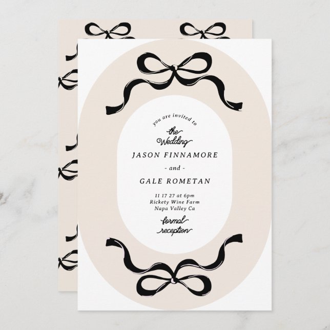 Modern Black Cream Retro Bows Photo Wedding Invitation (Front/Back)