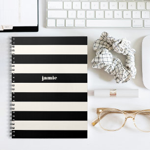 Modern Black & Cream Stripes Personalised Notebook