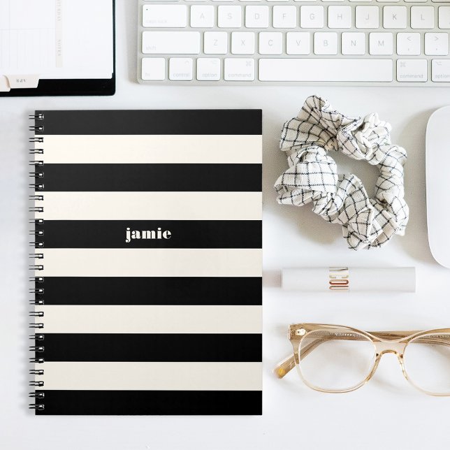 Modern Black & Cream Stripes Personalised Notebook (Creator Uploaded)