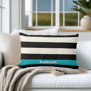 Modern Black, Cream & Turquoise Stripe Lumbar Cushion