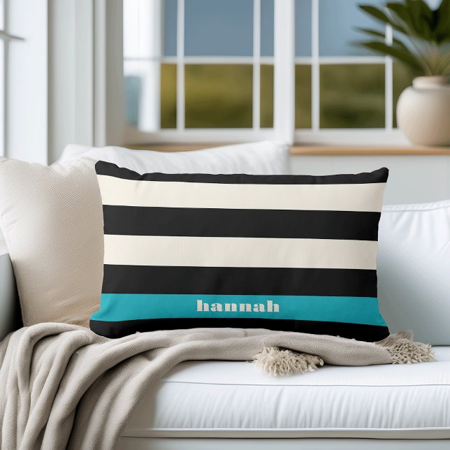 Modern Black, Cream & Turquoise Stripe Lumbar Cushion (Creator Uploaded)