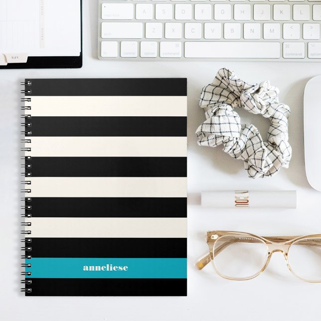 Modern Black, Cream & Turquoise Stripe Notebook (Creator Uploaded)