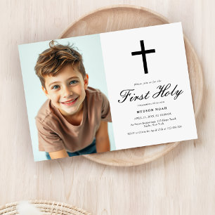 Modern Black Cross Minimalist Boys First Communion Invitation