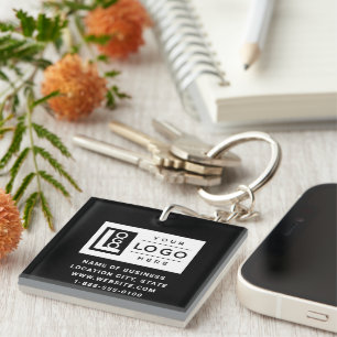 Modern Black Custom Business Logo and QR Code Key Ring