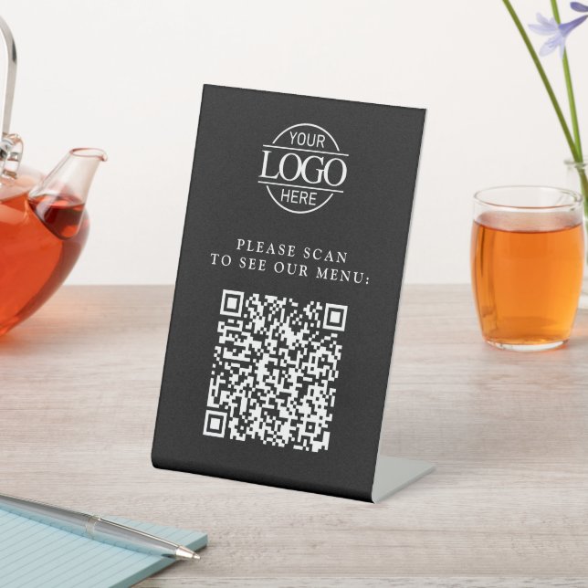 Modern Black Custom Business Logo QR Code Menu  Pedestal Sign (In SItu)