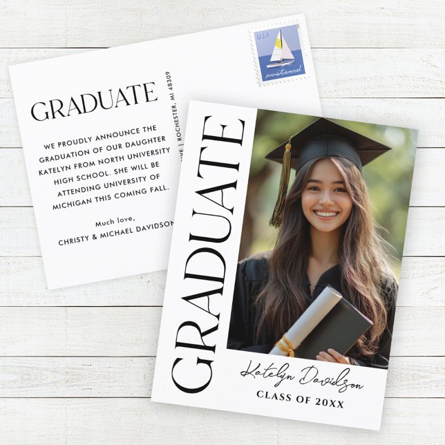 Modern Black Custom Graduate Photo Graduation Announcement Postcard (Creator Uploaded)