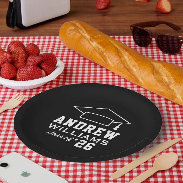 Modern Black Custom Graduation Party Paper Plate (Picnic)