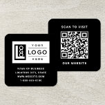 Modern Black Custom Logo and QR Code Square Business Card<br><div class="desc">Modern and minimal black and white square business card design features your business logo and custom QR code on the back. Customise the wording with your preferred business information,  such as the business name,  address,  phone number,  or website. Black background and white text colour can be changed.</div>