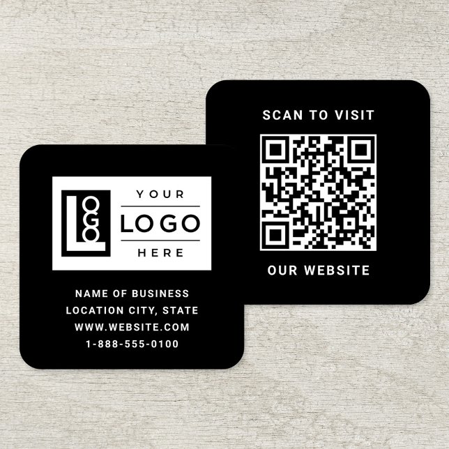 Modern Black Custom Logo and QR Code Square Business Card (Creator Uploaded)